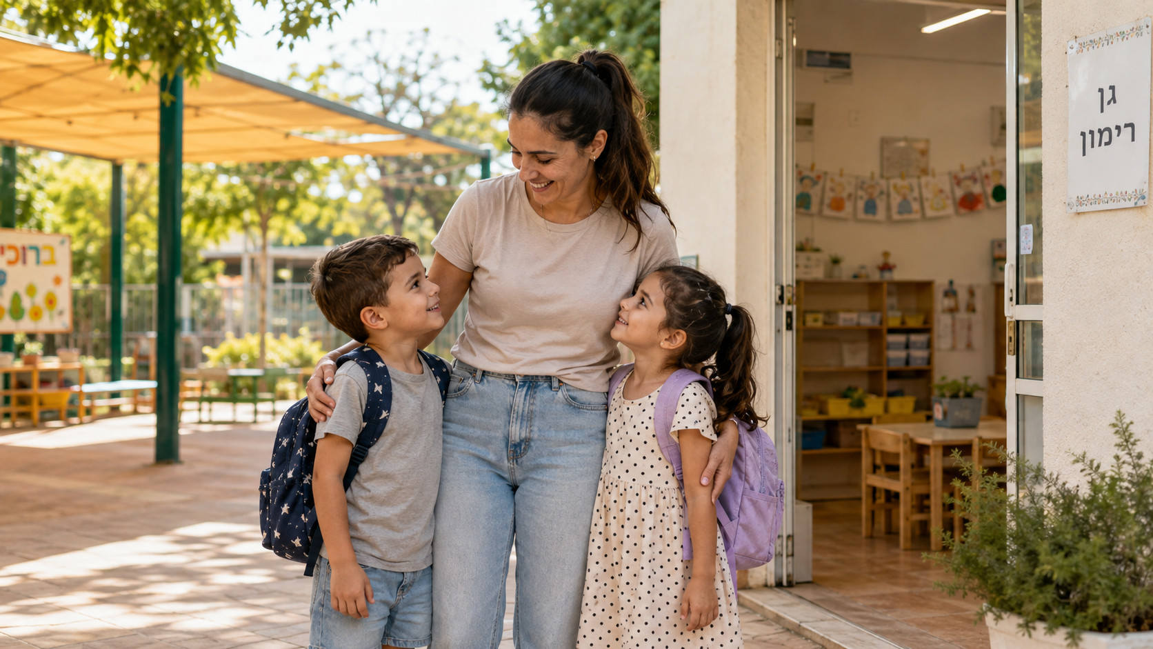 אמא מחבקת תאומים בן ובת בכניסה לגן – הכנה לשנת הלימודים